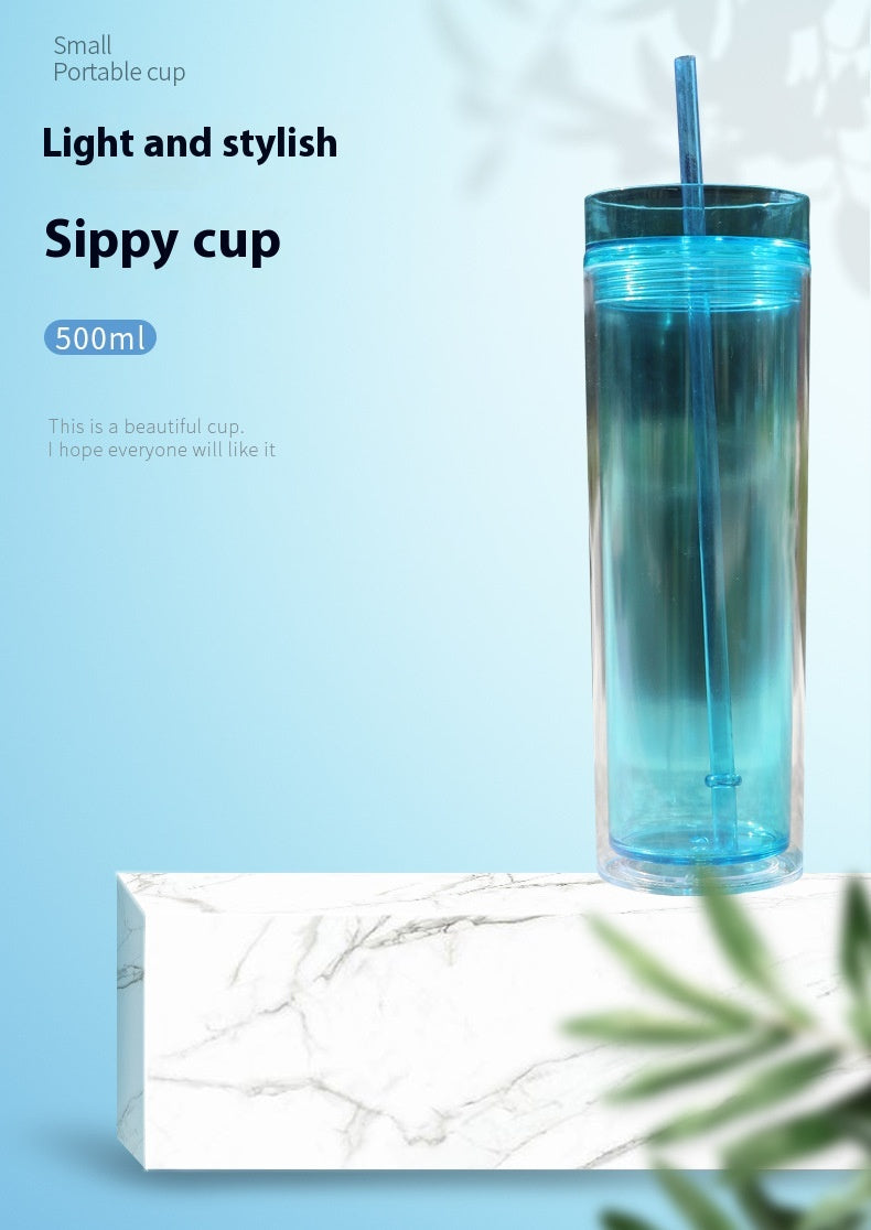 Large Capacity Double-Layer Drinkware Cup with Straw - Multiple Colors & 710ml