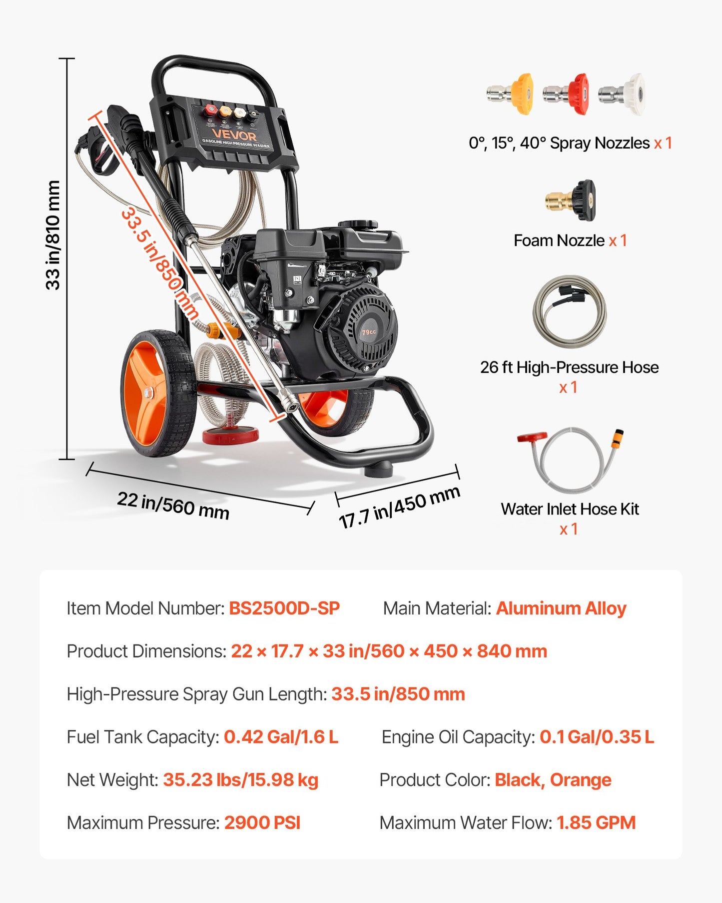 Gas Pressure Washer 2900 PSI 1.85 GPM with Aluminum Pump & 4 Nozzle Set - Gas Powered for Cars & Home Cleaning