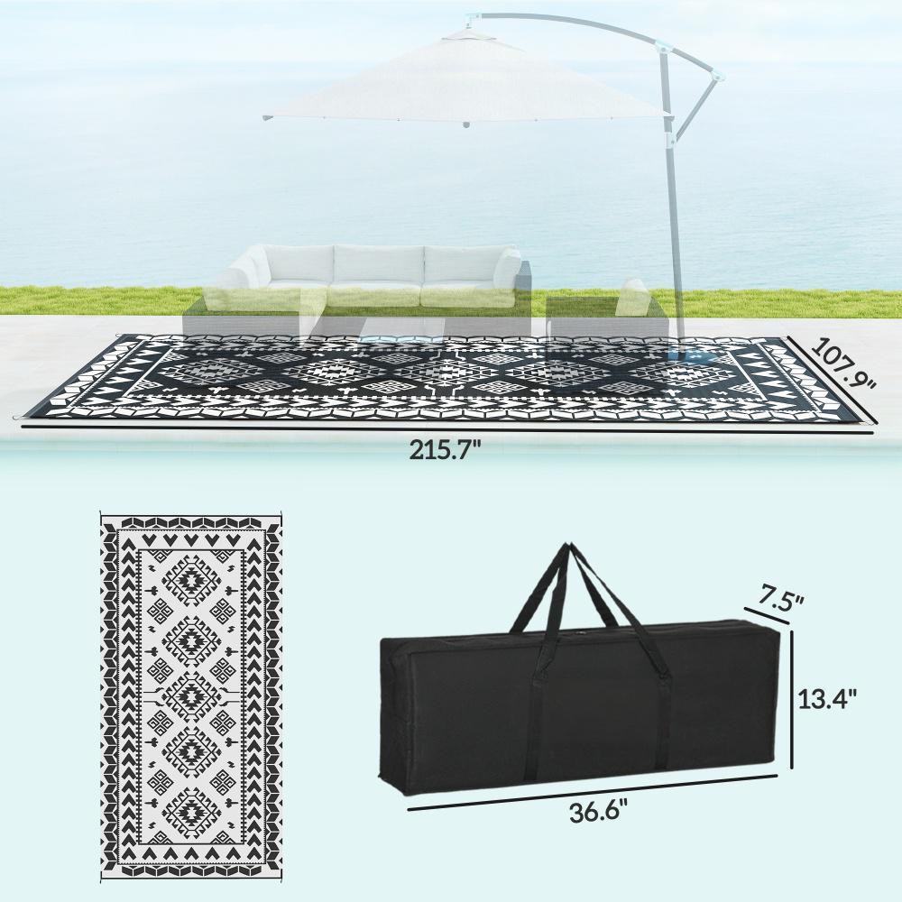 Reversible Waterproof Outdoor Rug - Black & White Rhombus 9' x 18'