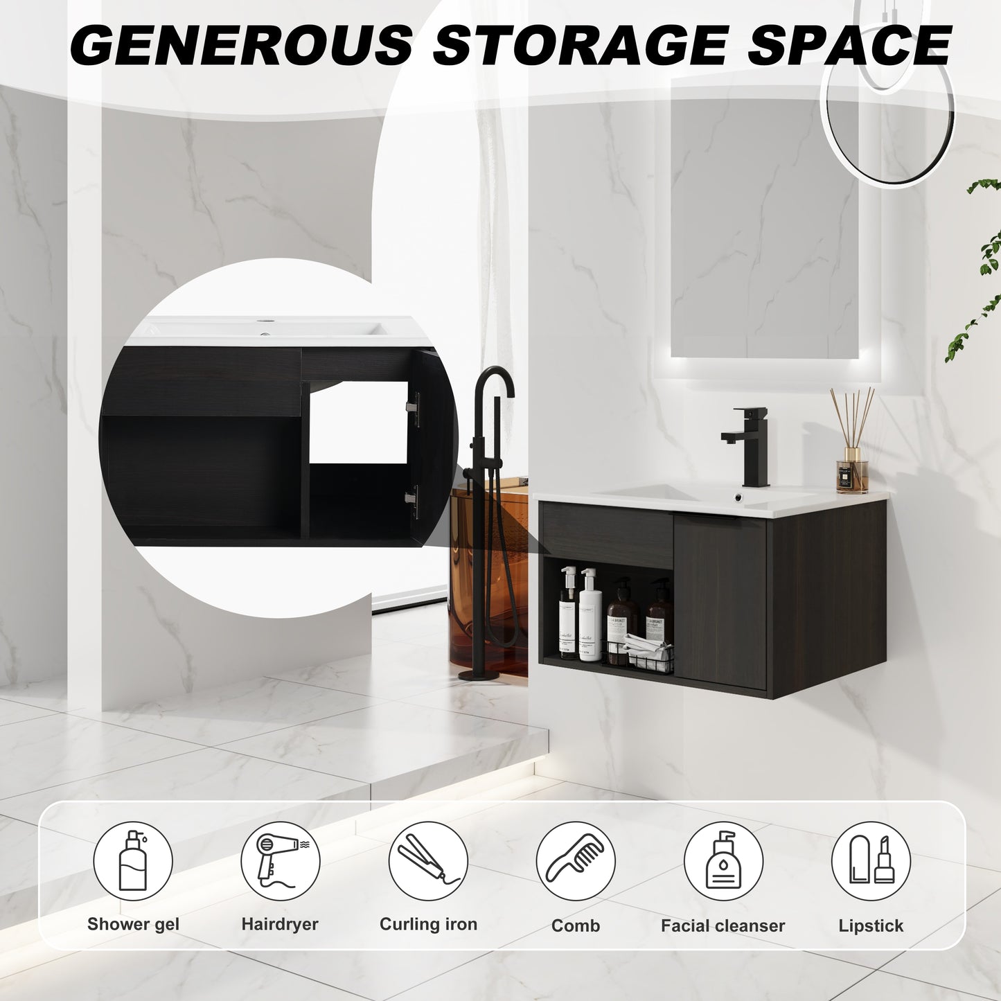 24" Wall-Mounted Bathroom Vanity with Ceramic Sink - Dark Oak