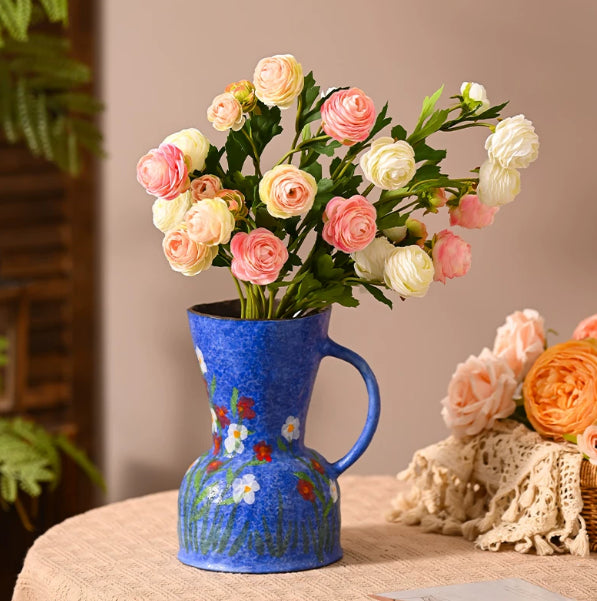 Hand-Painted Indigo Floral Ceramic Vase for Home Decor & Dining Table