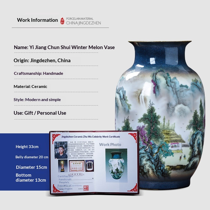 Chinese-Style Pastel Ceramic Vase with Floral & Landscape Designs
