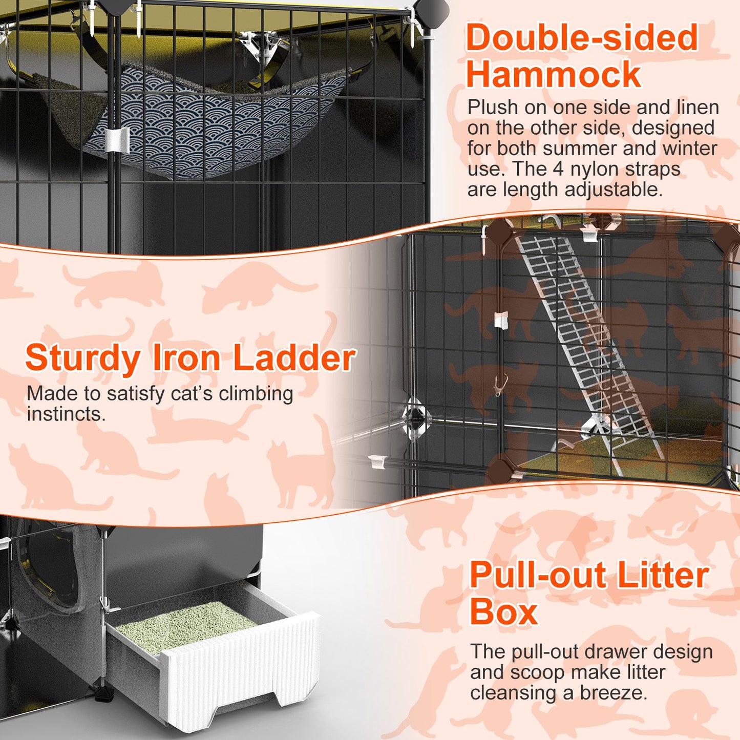 Indoor 3 Tier Cat Cage with Litter Box, Hammock, and Play Areas for Kittens
