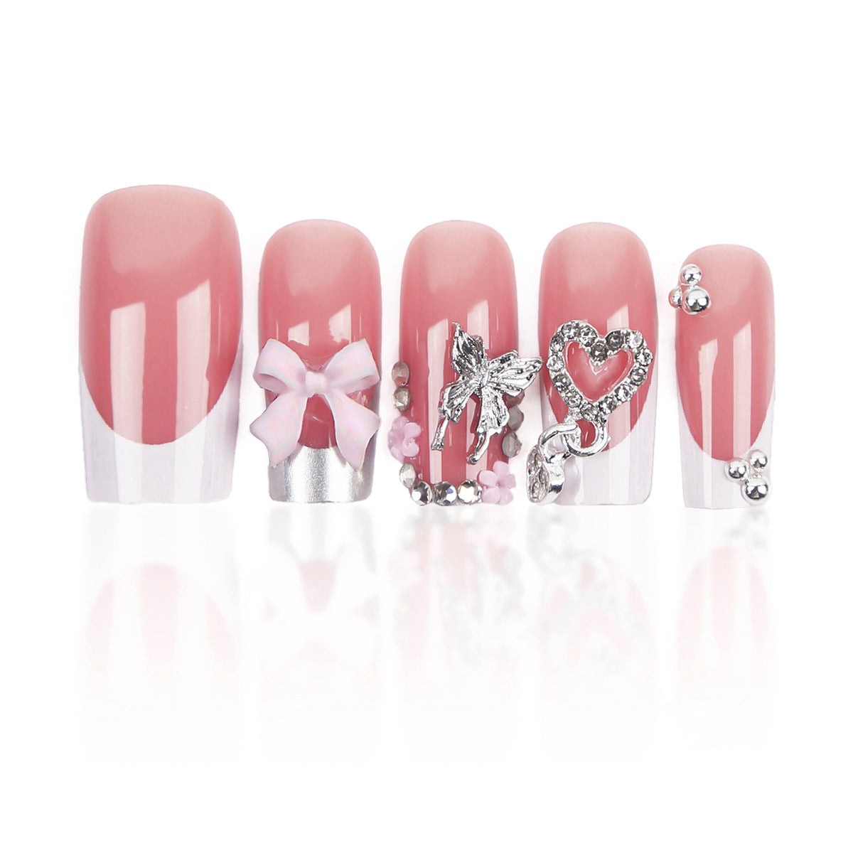 Women's Fake Nail Kit with Heart, Bow, Butterfly Designs - Detachable French Nails
