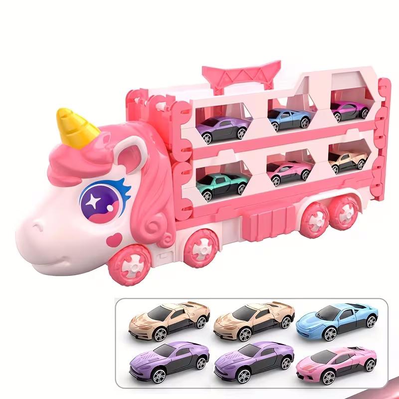 Pink Transforming Truck Toy with Expandable Racetrack and Car Storage Set for Kids