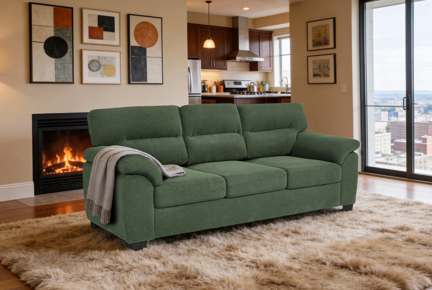 3-Seater Green Upholstered Sofa - Modern Minimalist Design