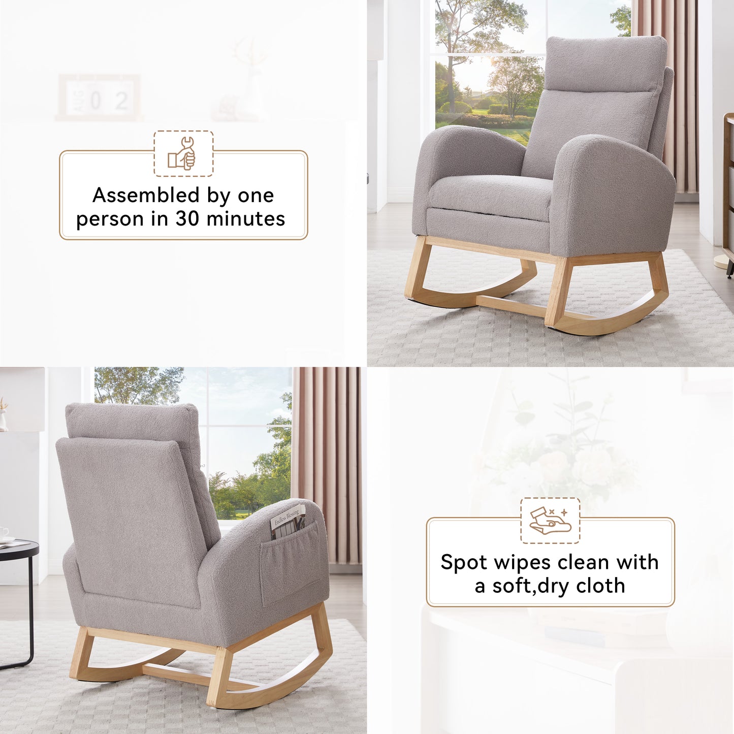 Modern Teddy Fabric Rocking Chair with Adjustable Footstool - Light Gray