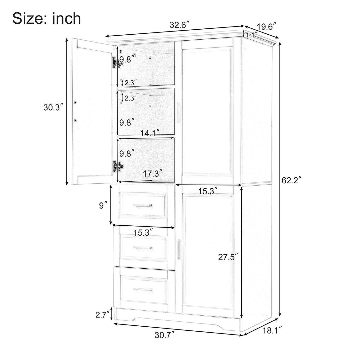 Tall Grey Storage Cabinet with Doors & Three Drawers for Office/Bathroom