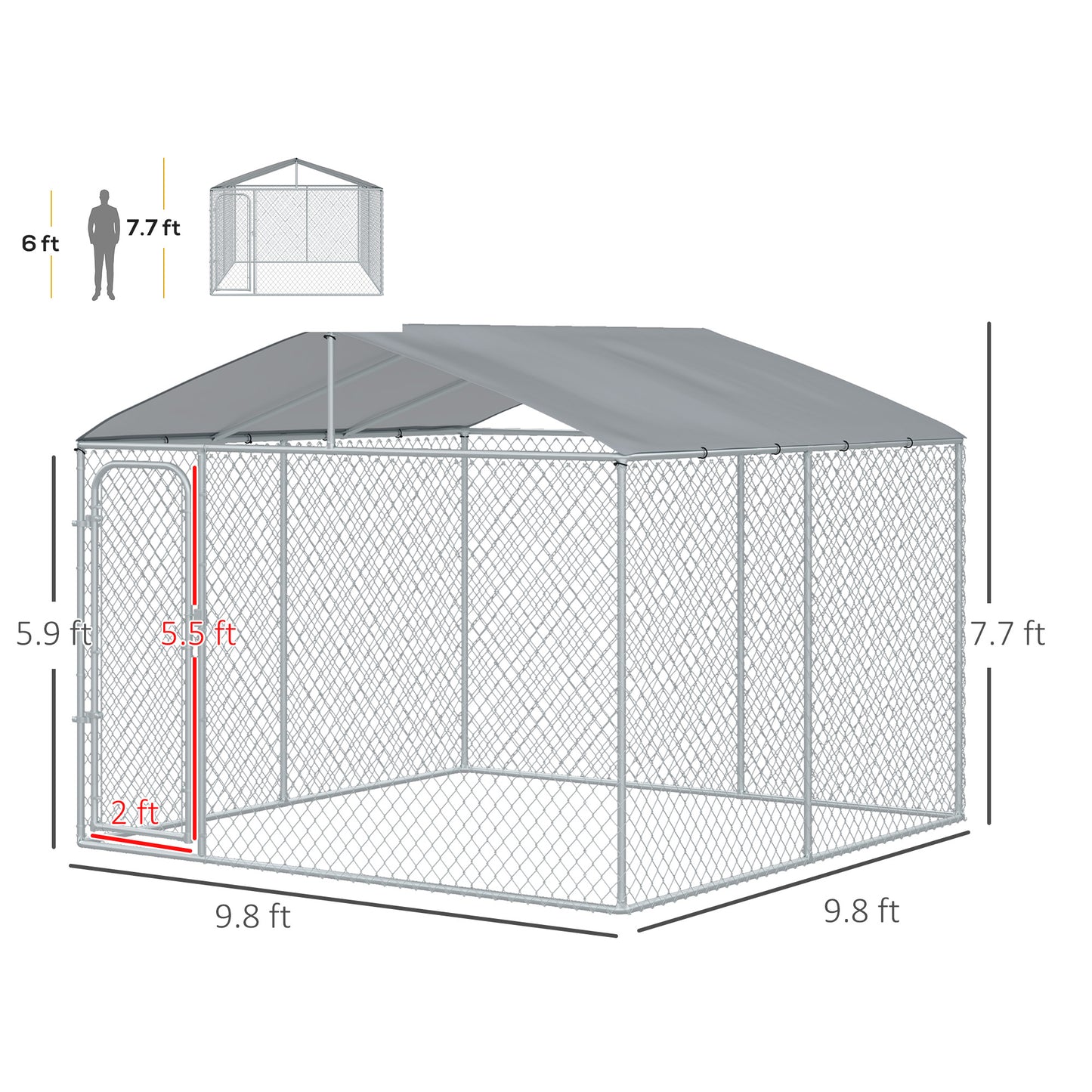 Large Outdoor Dog Kennel with Galvanized Steel Fence and Cover - Heavy Duty, Rainproof, Lockable Door, 9.8 x 9.8 x 7.7 ft