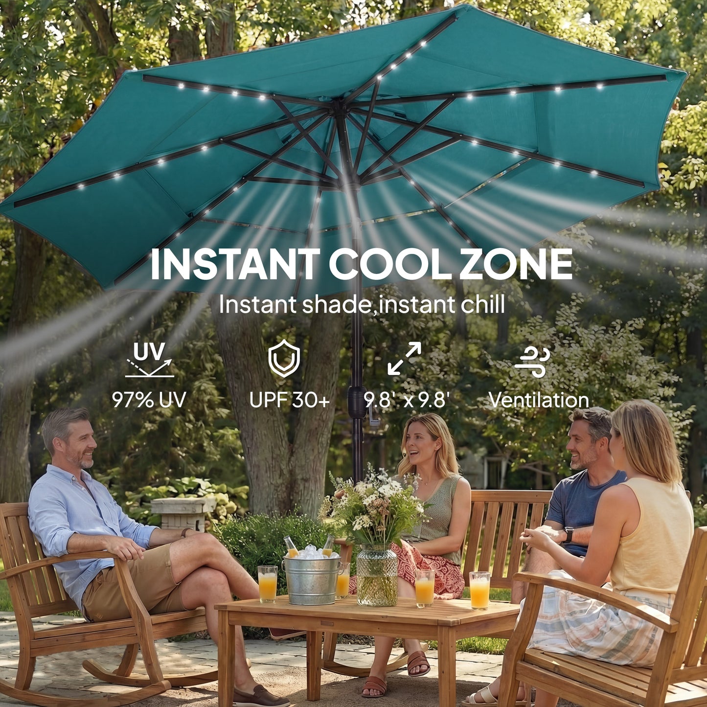 9.7 ft Solar LED Patio Umbrella with Tilt & Crank - Teal