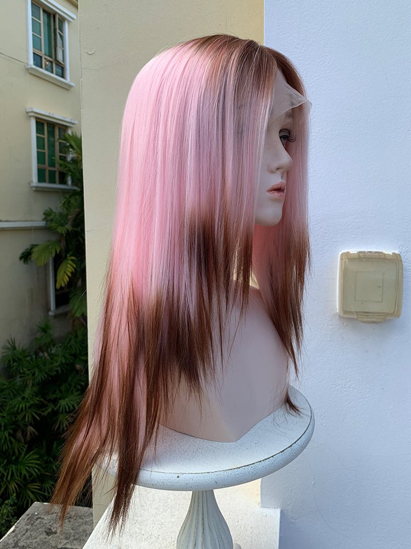 Pink Gradient Brown Split Wig for Women - High Temp Silk Synthetic Hair