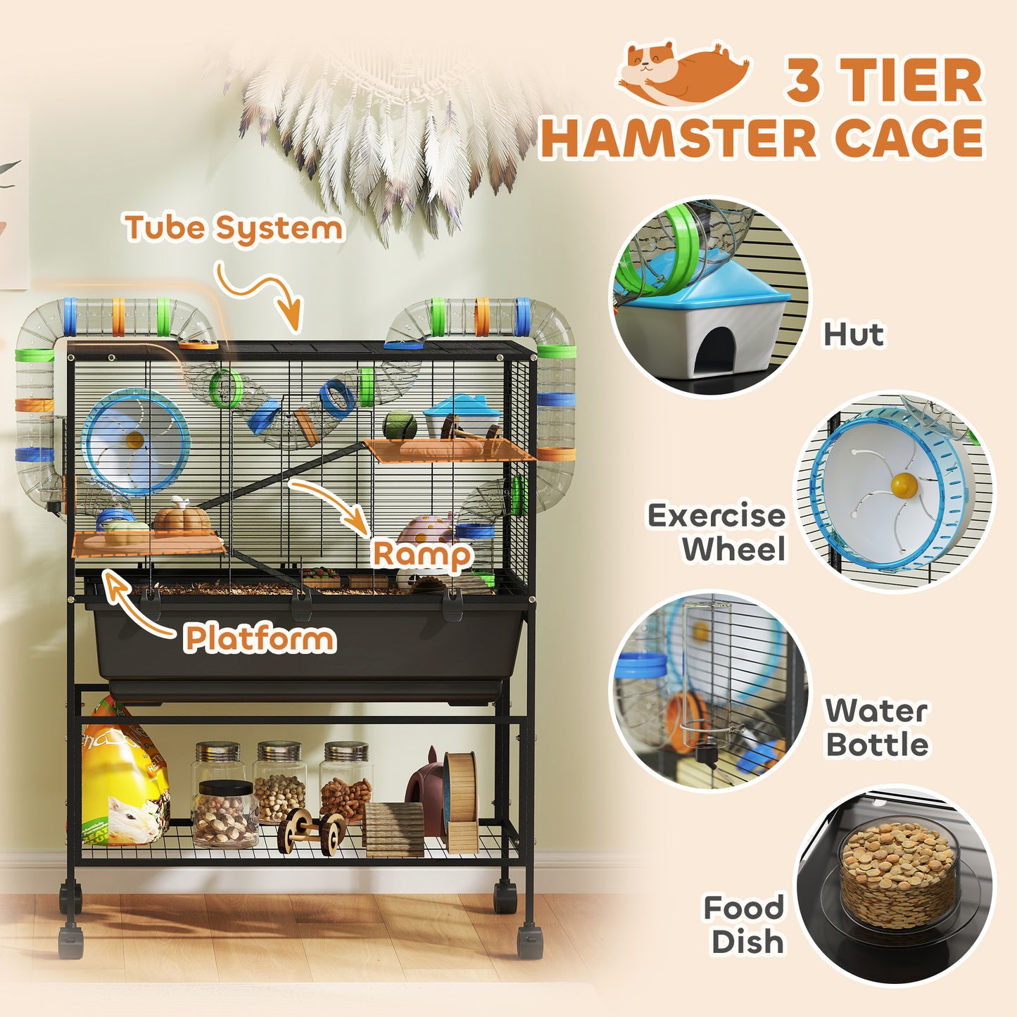 3-Tier Hamster Cage with Deep Tray, Exercise Wheel & Storage Shelf - Black