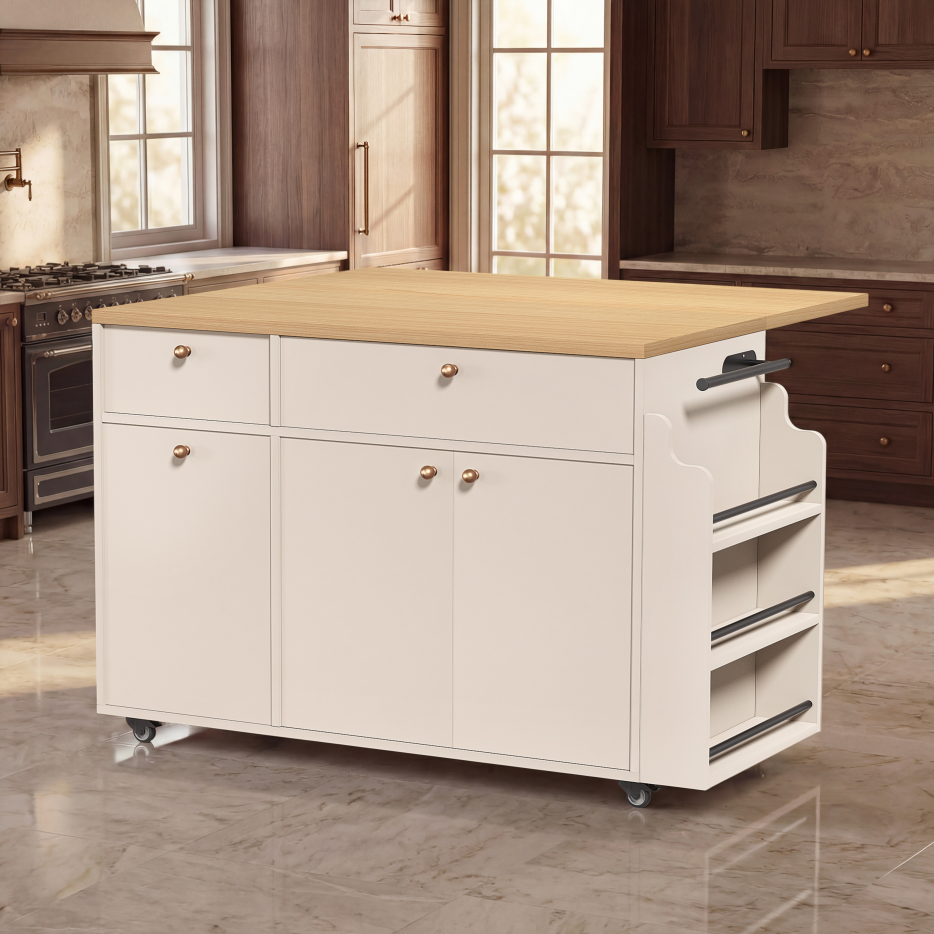 Rolling Kitchen Island Cart with Storage & Drop Leaf Extension - White
