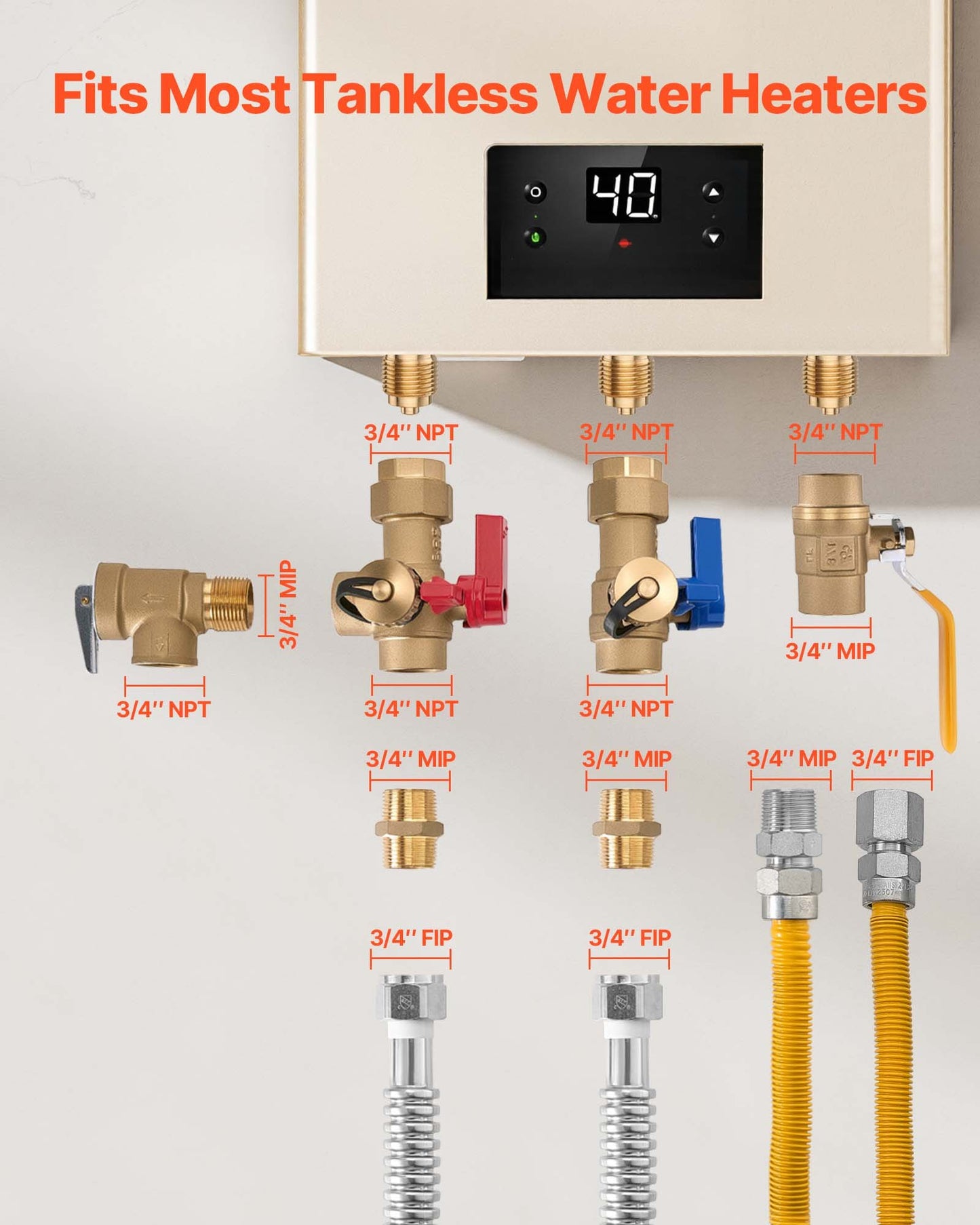 Water Heater Repair Kit with 3/4 Inch Valves and Hoses - Suitable for Tankless Systems