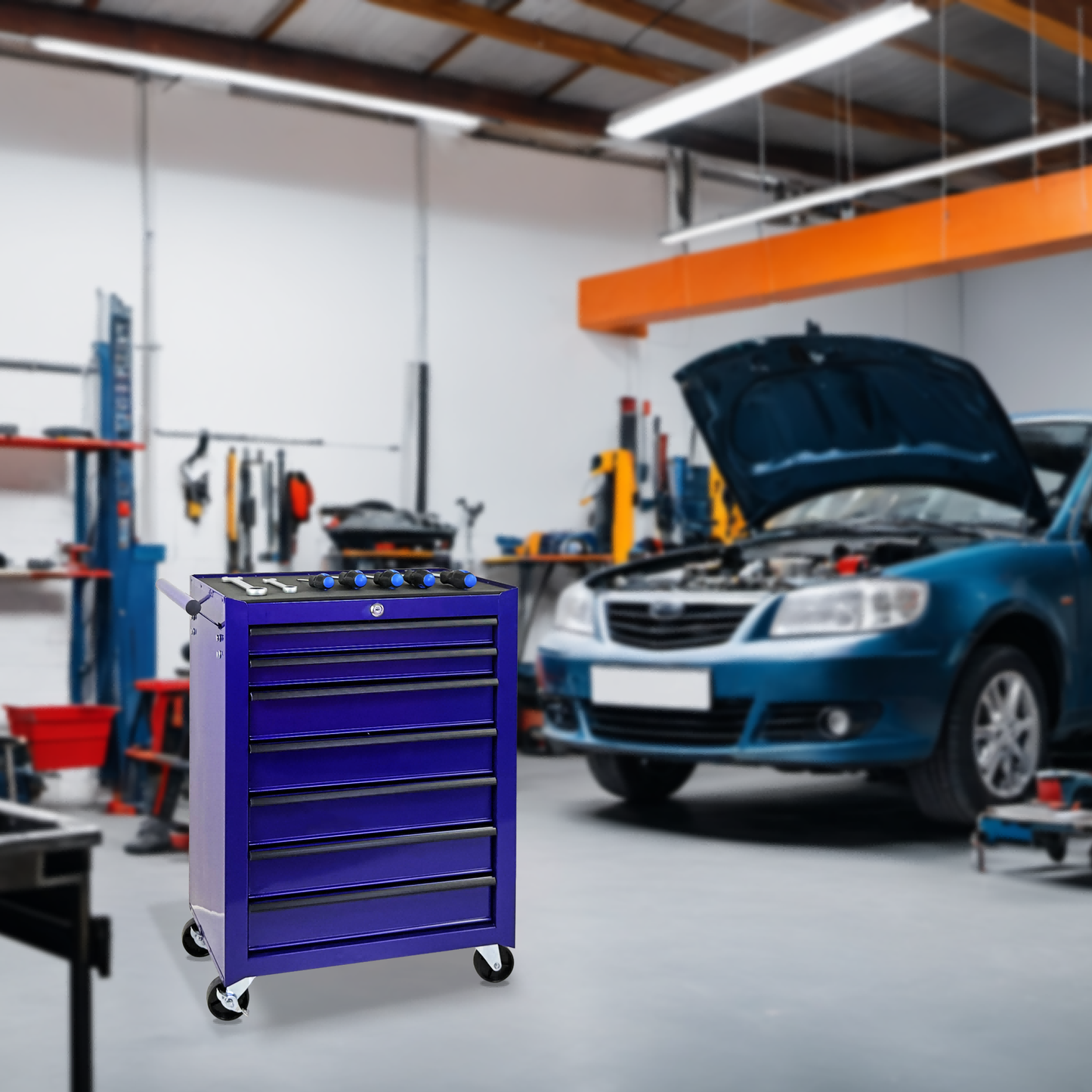 7-Drawer Metal Tool Storage Cabinet with Wheels and Detachable Top - Purple