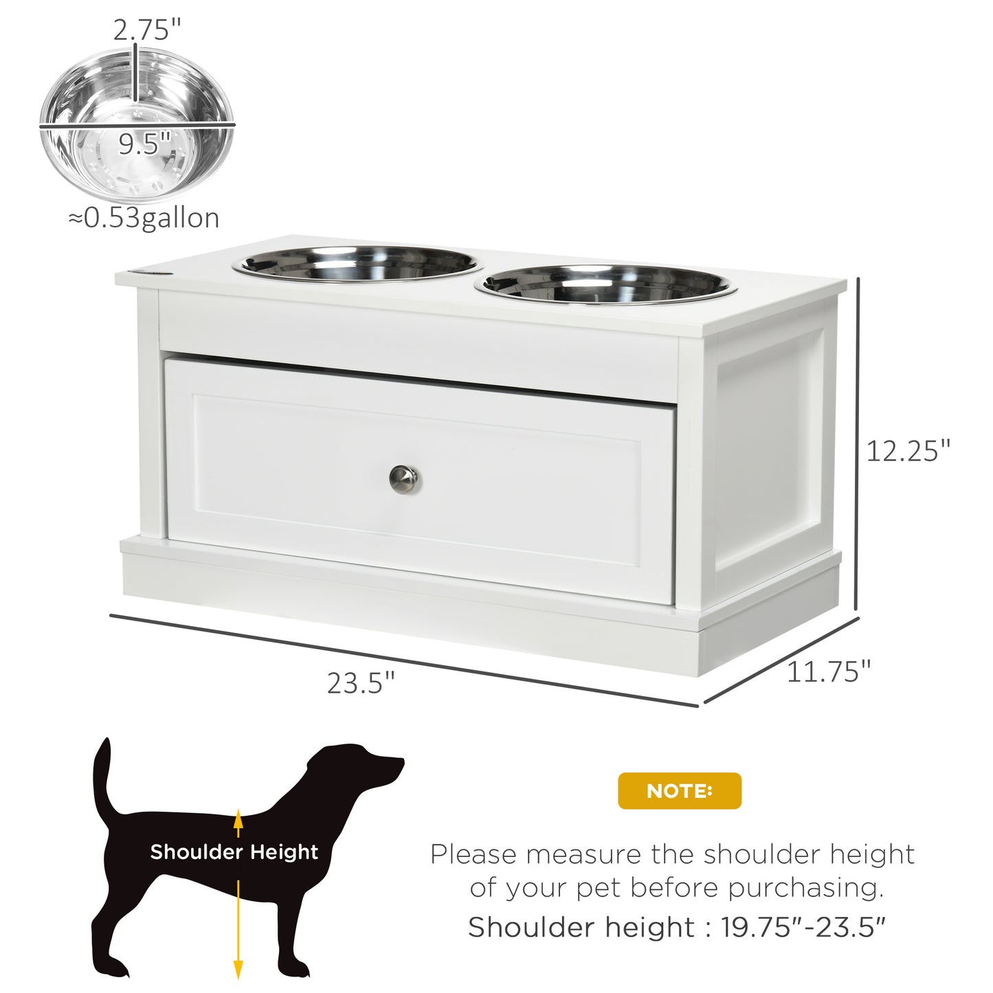 Elevated Dog Bowl Stand with Storage Drawer - Large Stainless Steel Food & Water Bowls, White