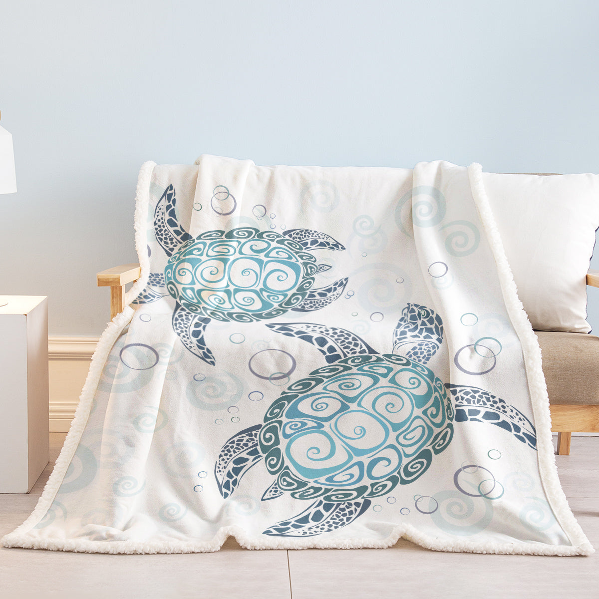 Sea Turtle Sherpa Fleece Throw Blanket - Aqua Teal Blue Ocean Plush Bed Cover