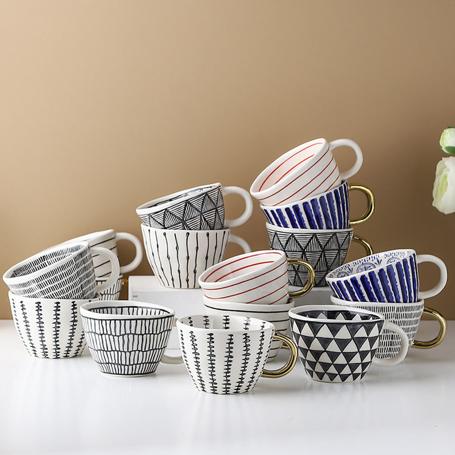 Japanese Geometric Ceramic Mug - Wide Mouth Hand-Pinched 330ml Drinkware