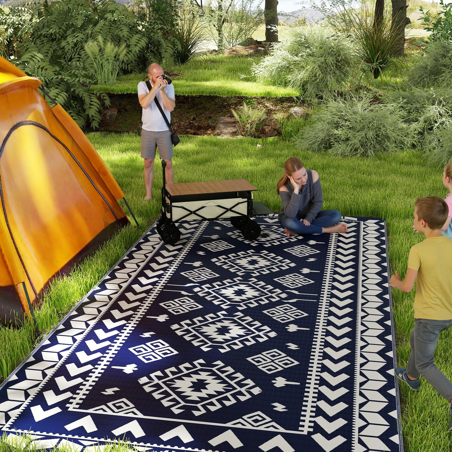 Reversible Waterproof Outdoor Rug - Blue & White Rhombus 9x18