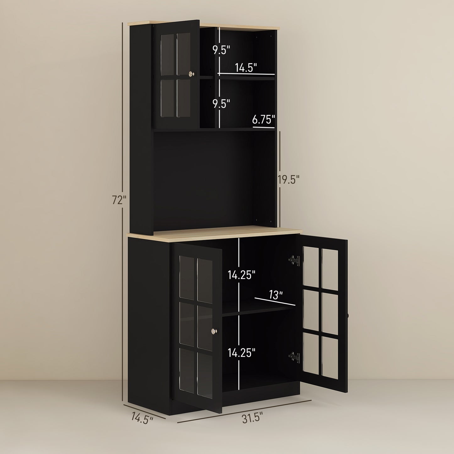 Kitchen Pantry Storage Cabinet, 72" Freestanding Cabinet with Hutch,