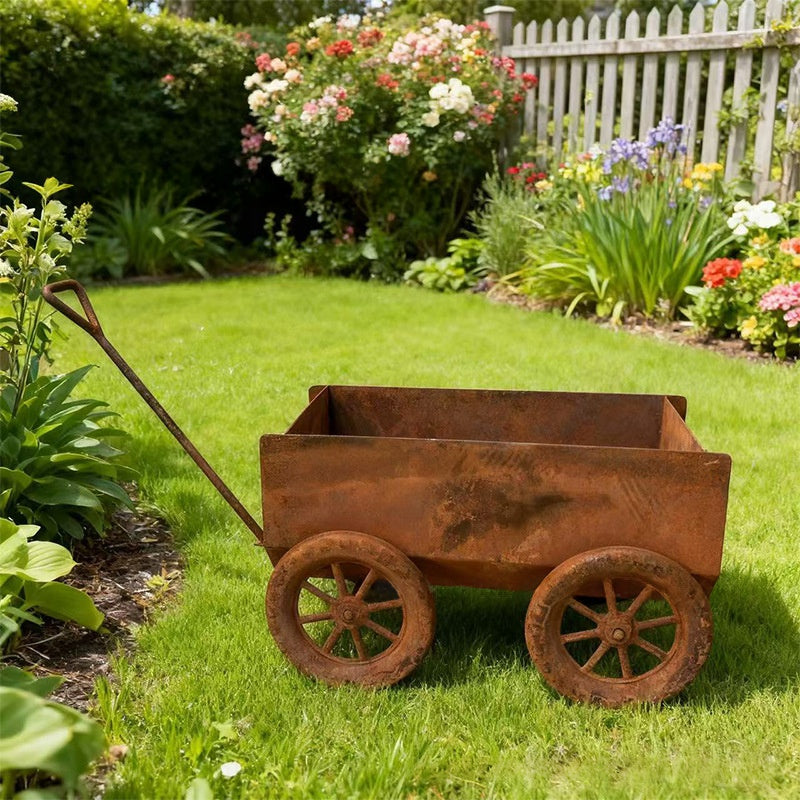 Rustic Metal Wheelbarrow Flower Pot for Outdoor Garden Decor - Cart Style