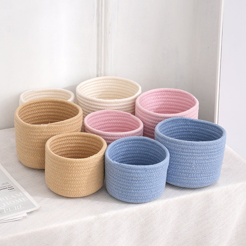 Hand-Woven Desktop Storage Basket - Multi-Color Cotton Rope Organizer