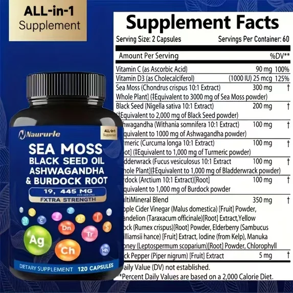 Sea Moss, Black Seed Oil, Ashwagandha & Burdock Root Capsules - 120 Count
