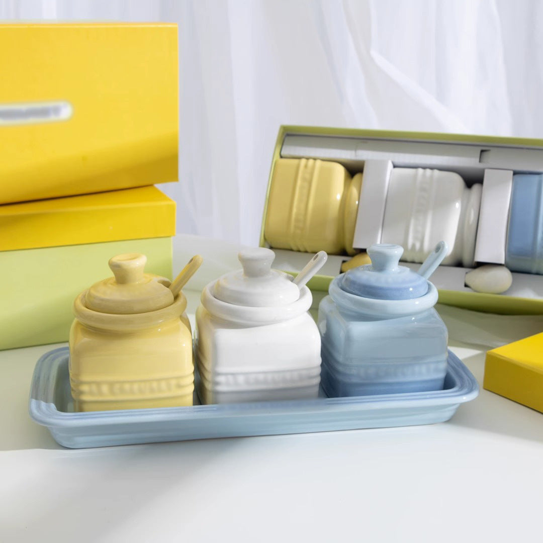 Ceramic Seasoning Jar Set with Spoon - Gift Box Condiment Bottles, Color Options
