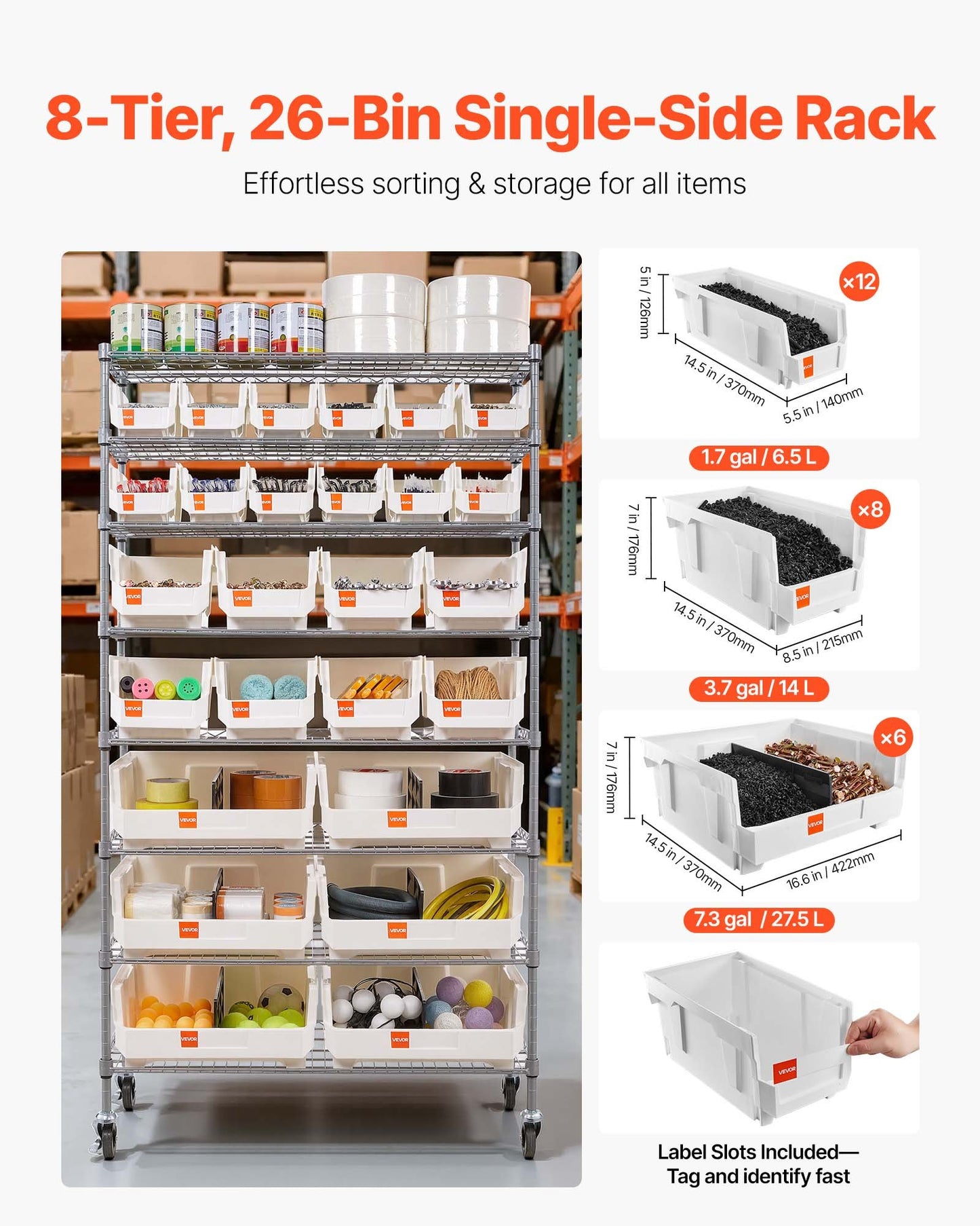 8-Tier Rolling Storage Bin Rack with 26 Organizer Bins - Mobile Steel Wire Shelving for Garage, Warehouse, Office