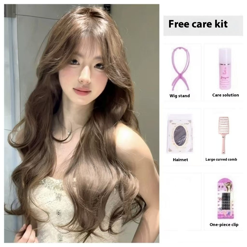 Long Curly Synthetic Wig for Women - Gray Brown Hair with Care Set