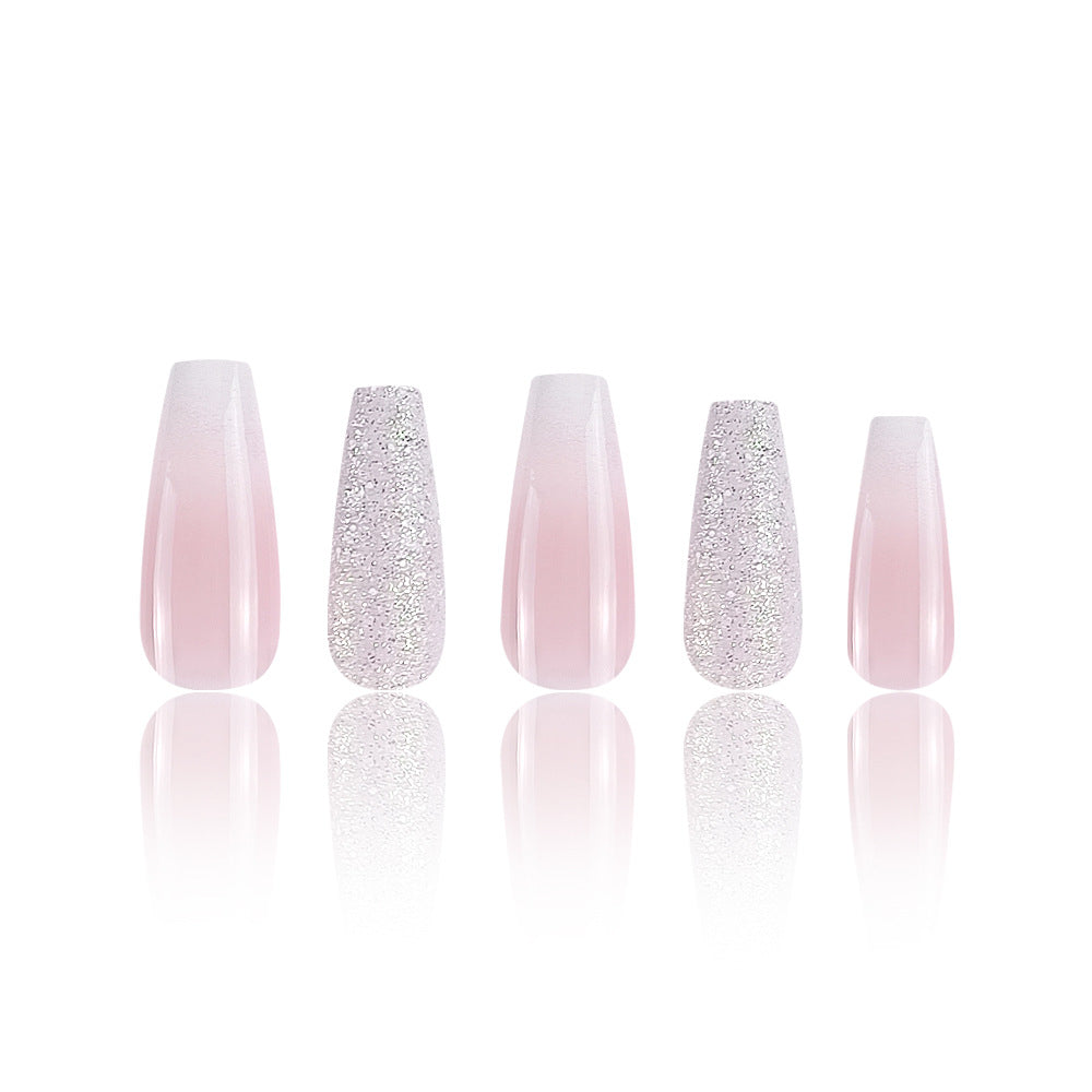 24-Piece Long Coffin-Shaped Gradient Pink Nail Art Kit with Sequin Embellishments
