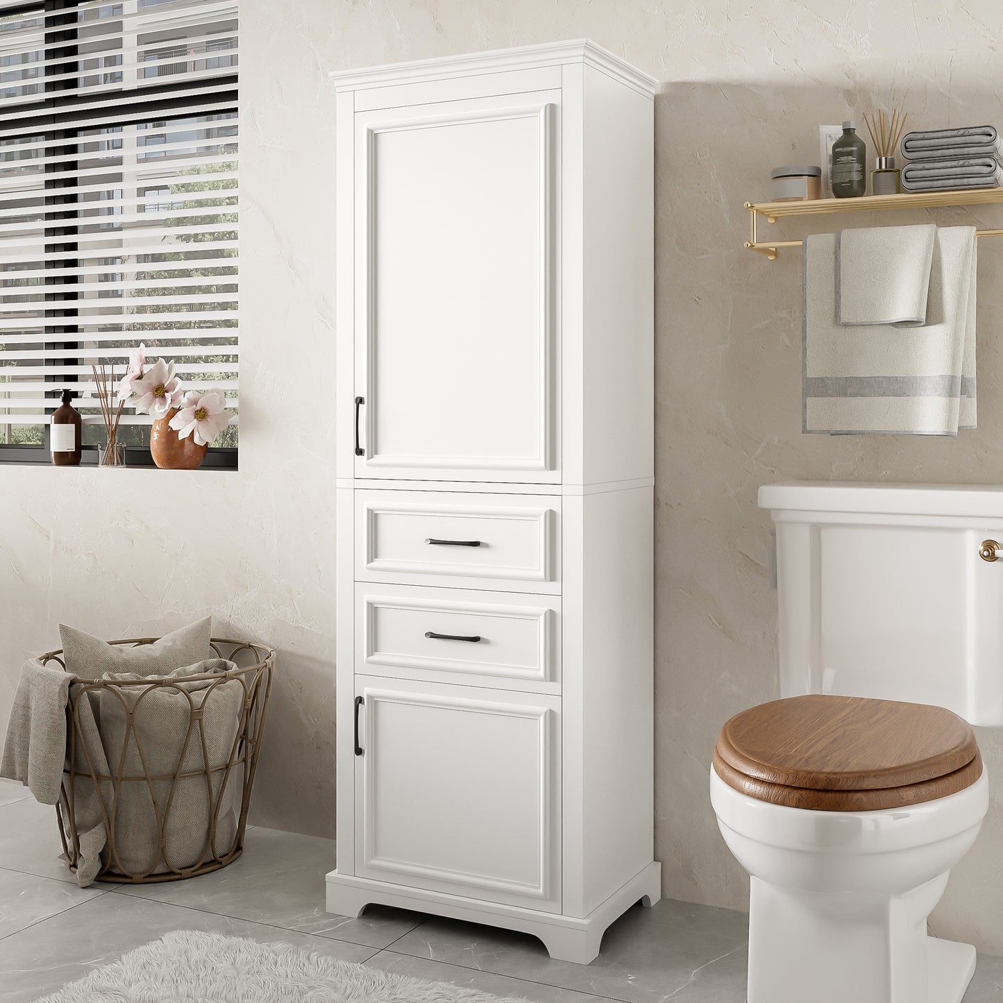 71-Inch Tall Freestanding Bathroom Vanity with Damping-Hinge Doors - White