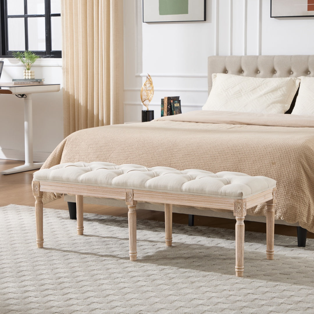 French Vintage Tufted Bedroom Bench - Cream Upholstered Ottoman