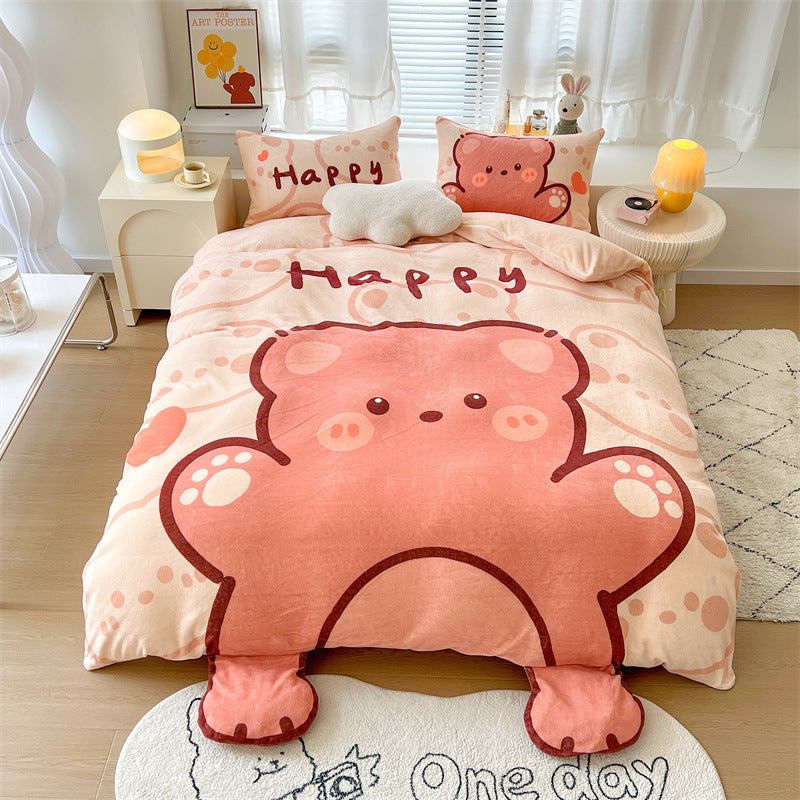 Cartoon Thickened Milk Velvet Bedding Set - Four Piece Kids Bed Linens