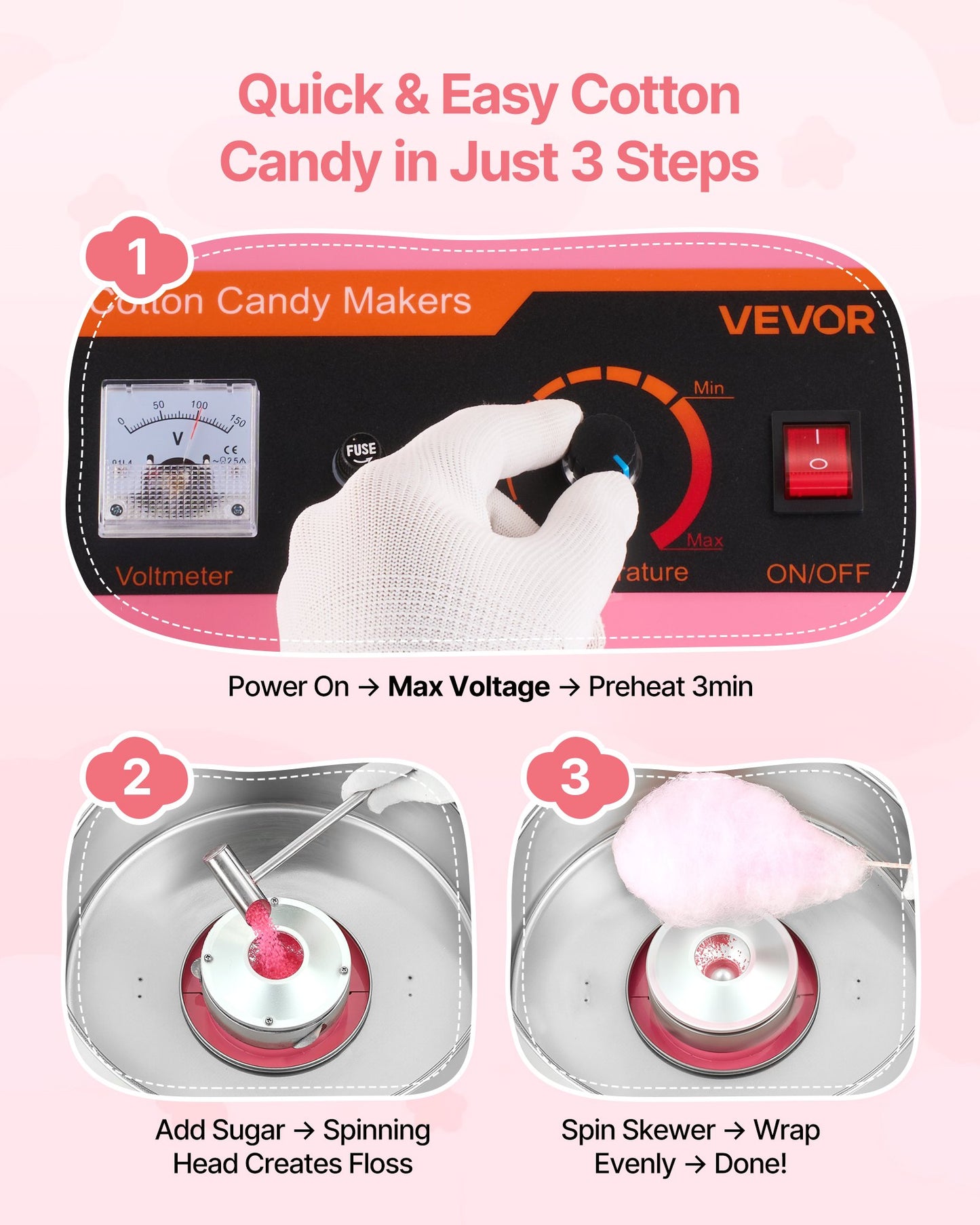 Electric Cotton Candy Machine 1000W Commercial Floss Maker with Cover & Stainless Steel Bowl