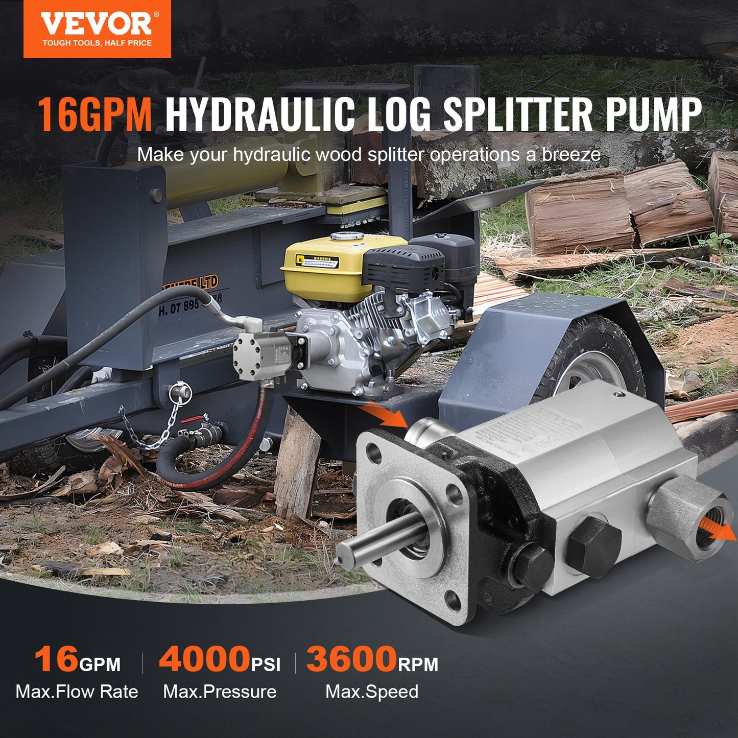 Hydraulic Log Splitter Pump 16 GPM 2-Stage Hydraulic Motor for Wood Splitters - Grey