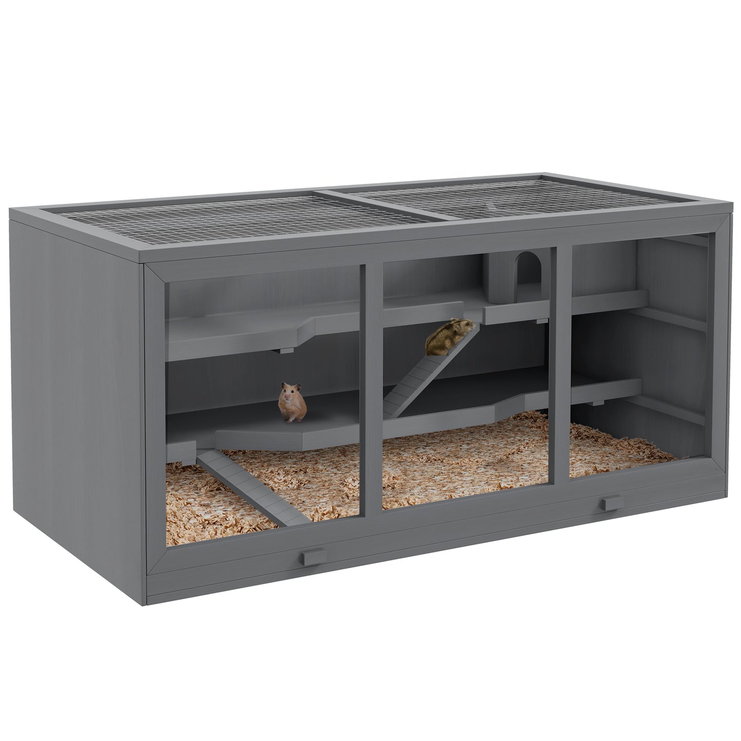 Oversized Wooden Small Animal Cage with Open Roof and Ramp - Grey