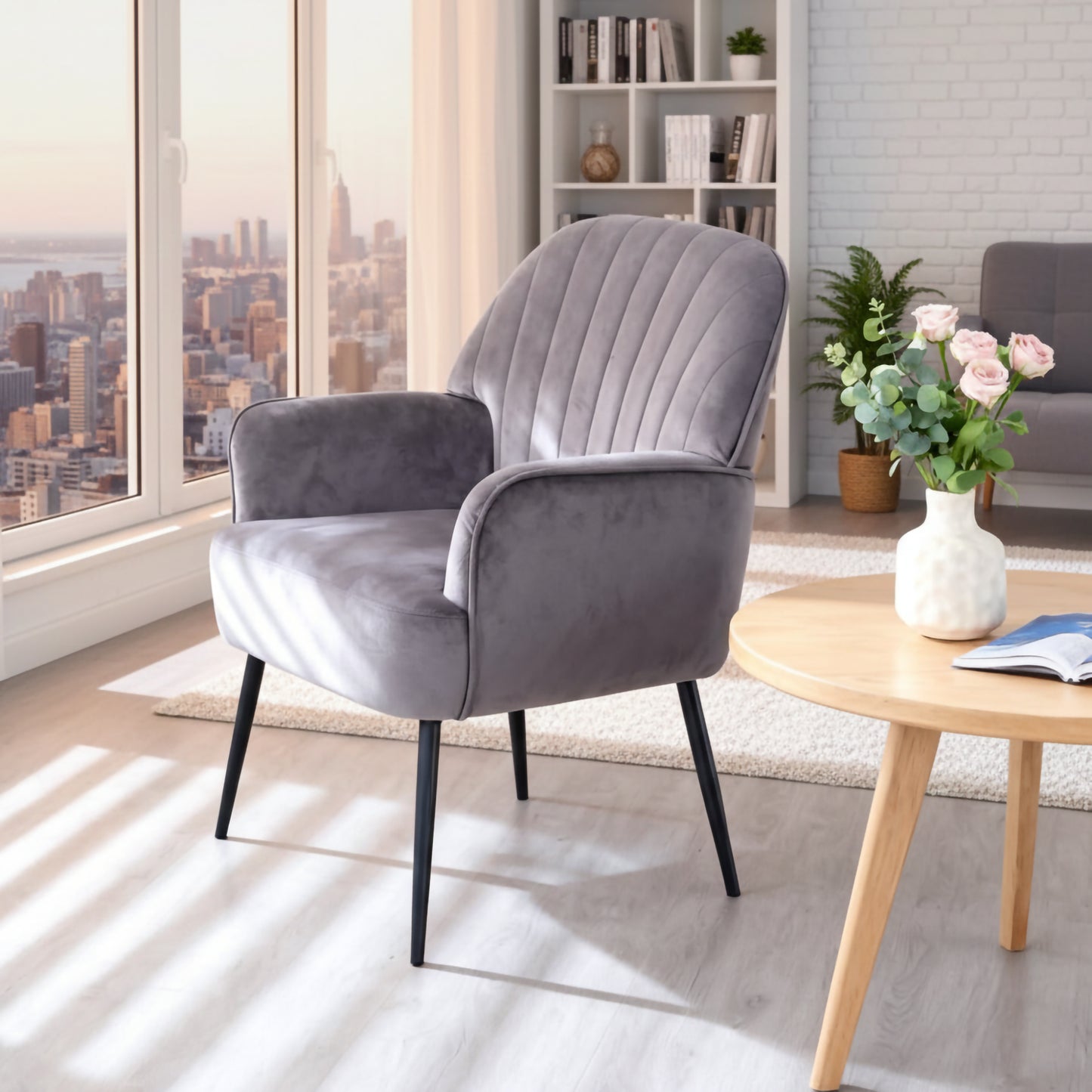 Modern Velvet Accent Chair with Metal Legs - Grey