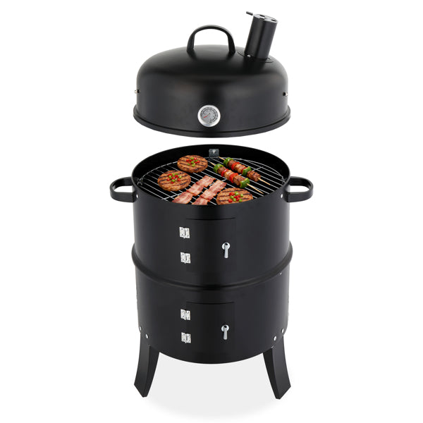 Black Cylindrical Outdoor Smoker with Chimney - Heavy-Duty Iron, 85cm
