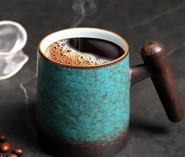 Ceramic Office Tea Cup with Wooden Handle and Lid 450ml Black
