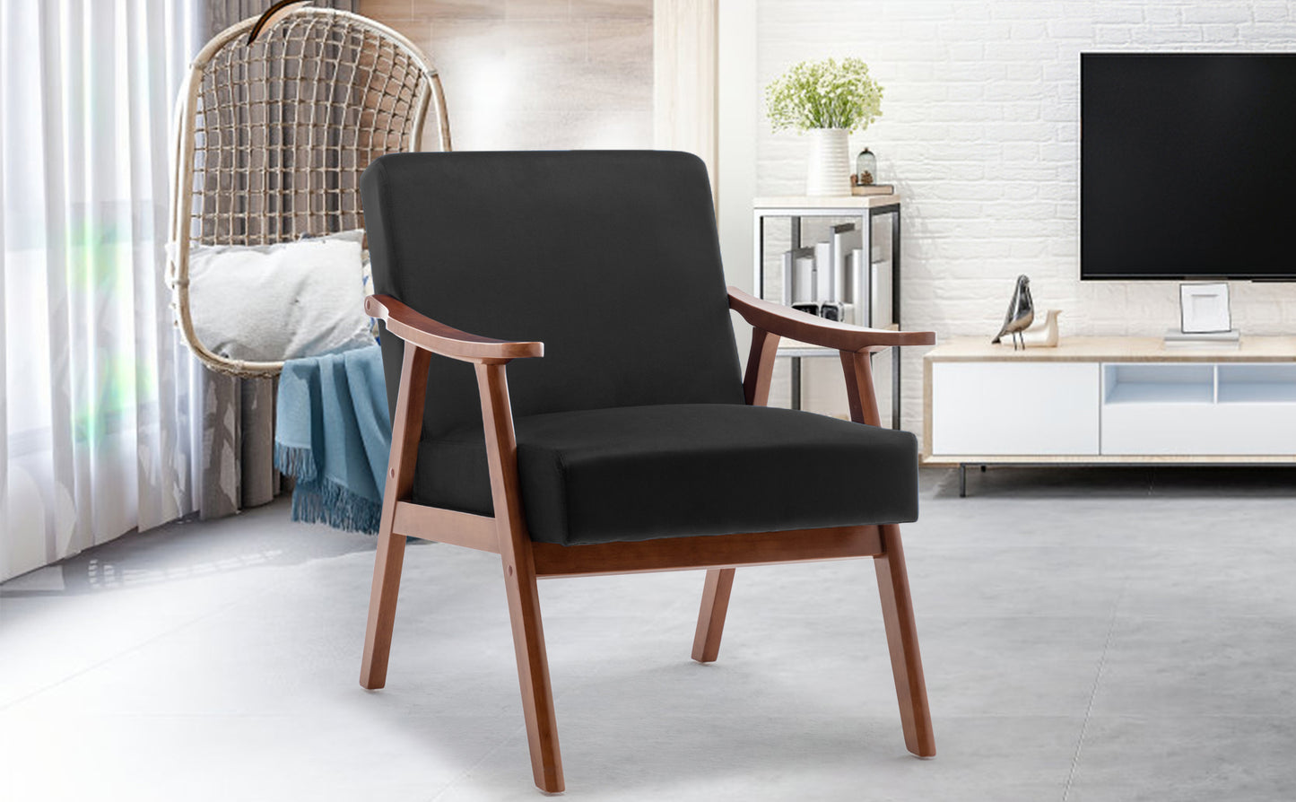 Mid-Century Modern Accent Chair - Black Velvet Lounge Chair