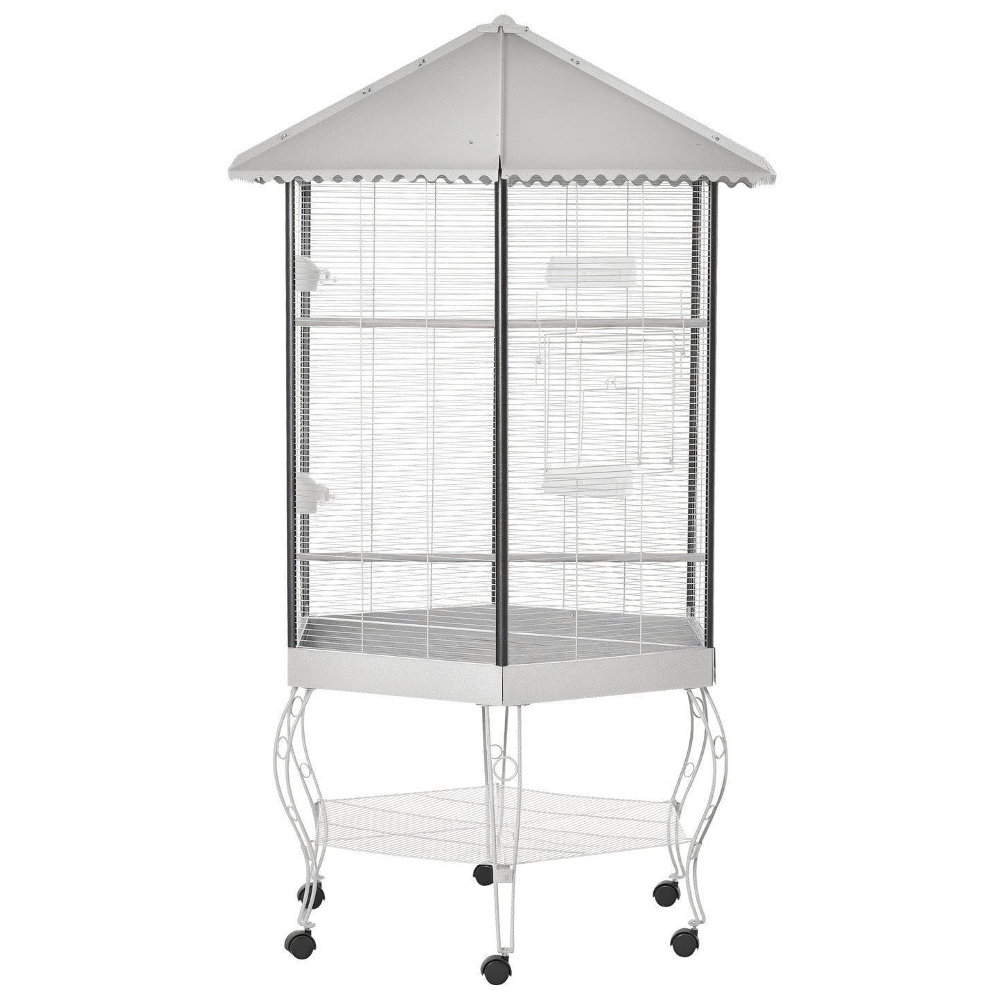 77-Inch Hexagon Bird Cage with Canopy, Portable Aviary, White