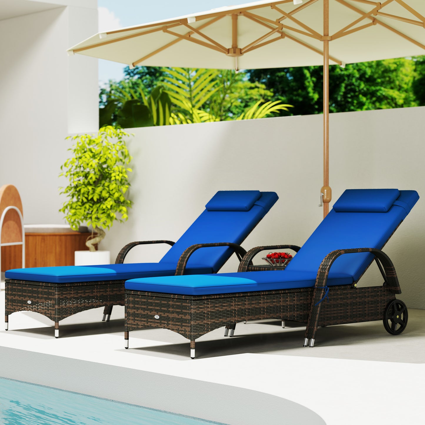Adjustable Patio Wicker Chaise Lounge Chair Set with Table - Blue