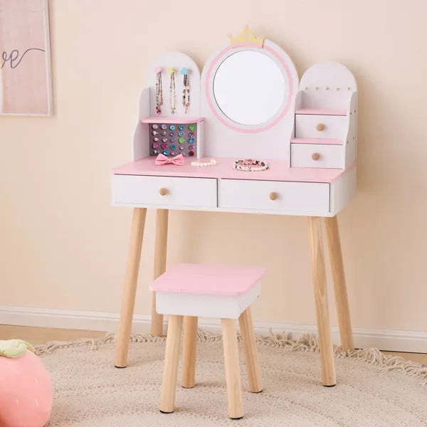 4-Drawer Children's Dressing Table Set - White & Pink Crown