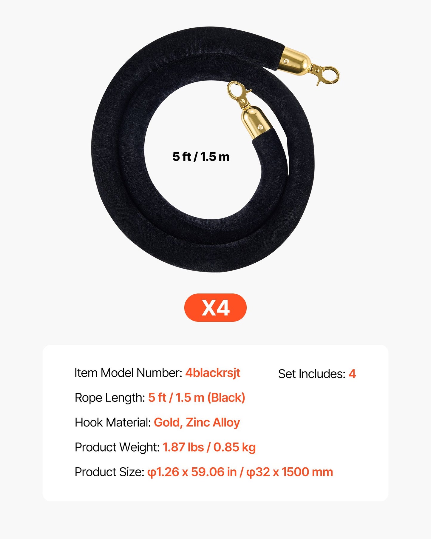 Crowd Control Velvet Ropes with Gold Hooks - 4 Pack, 5 Feet Black Barrier Ropes for Events