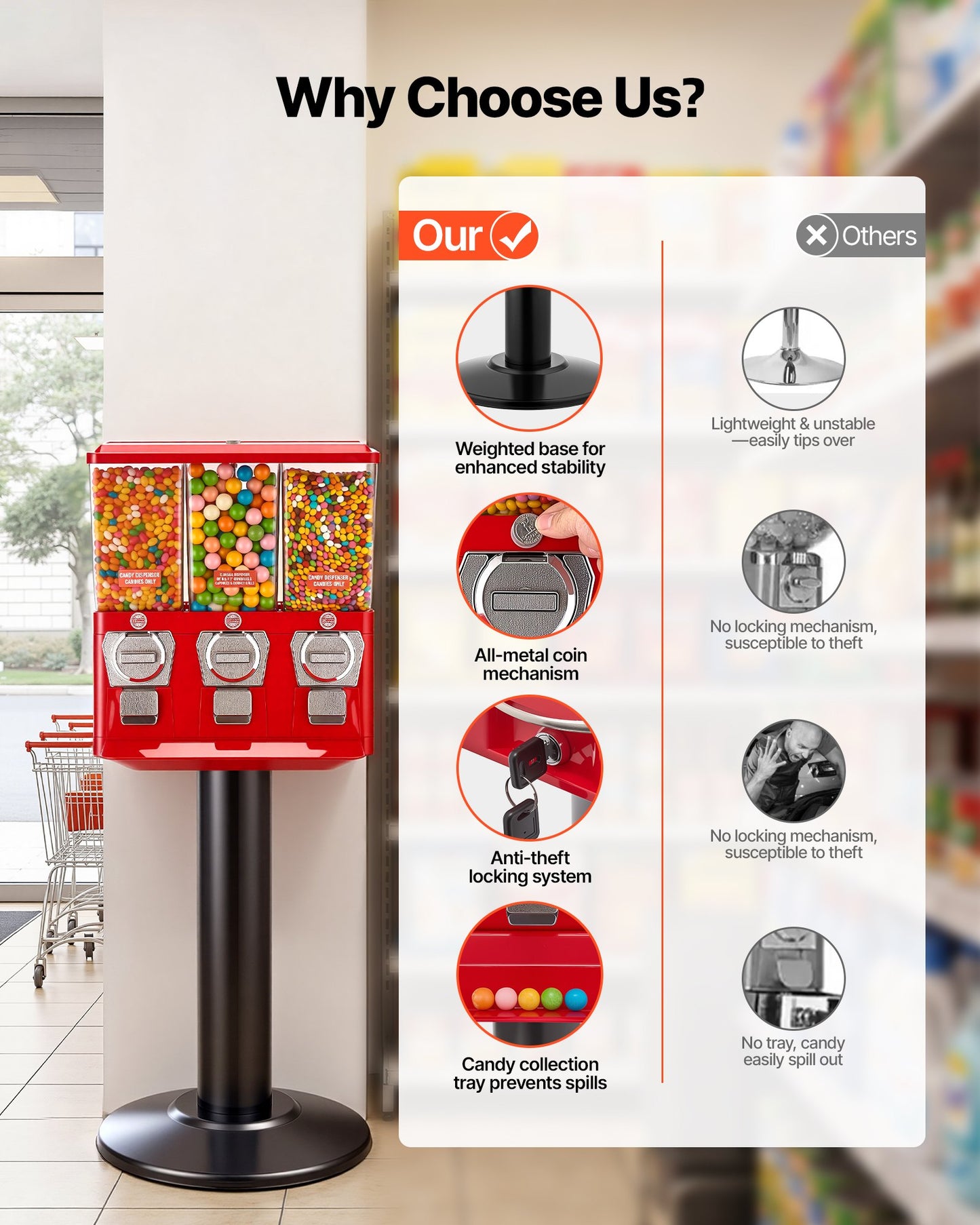 Vevor Candy Vending Machine with Stand & Locking Lid - Triple Compartment, Vintage Style, No Electricity