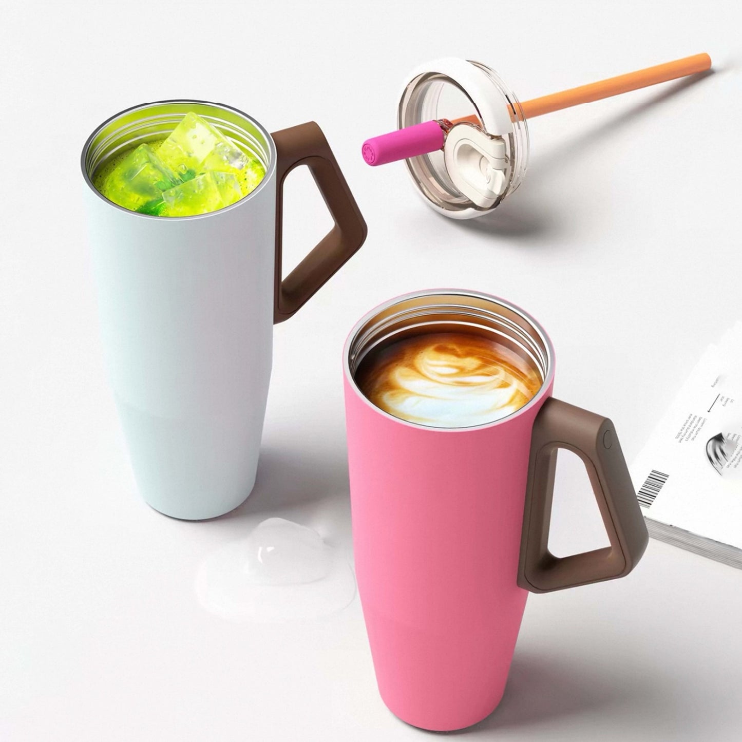 Insulated Stainless Steel Cup with Handle and Straw - 1100ml Multiple Colors