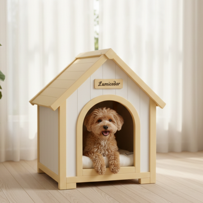 Indoor Wooden Dog House with EVA Cushion - Small Pet Shelter in Creamy White