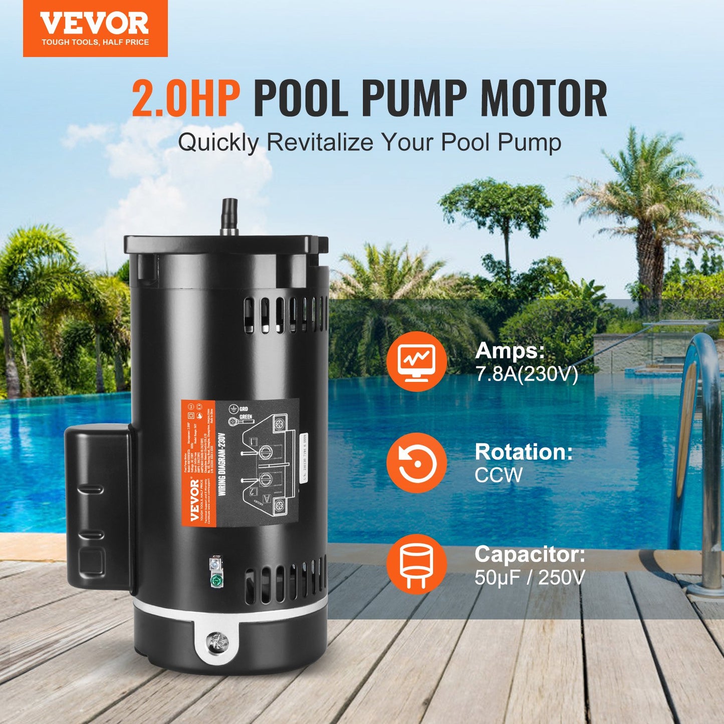 2 HP Pool Pump Motor 56Y Frame 230V Replacement for Swimming Pools