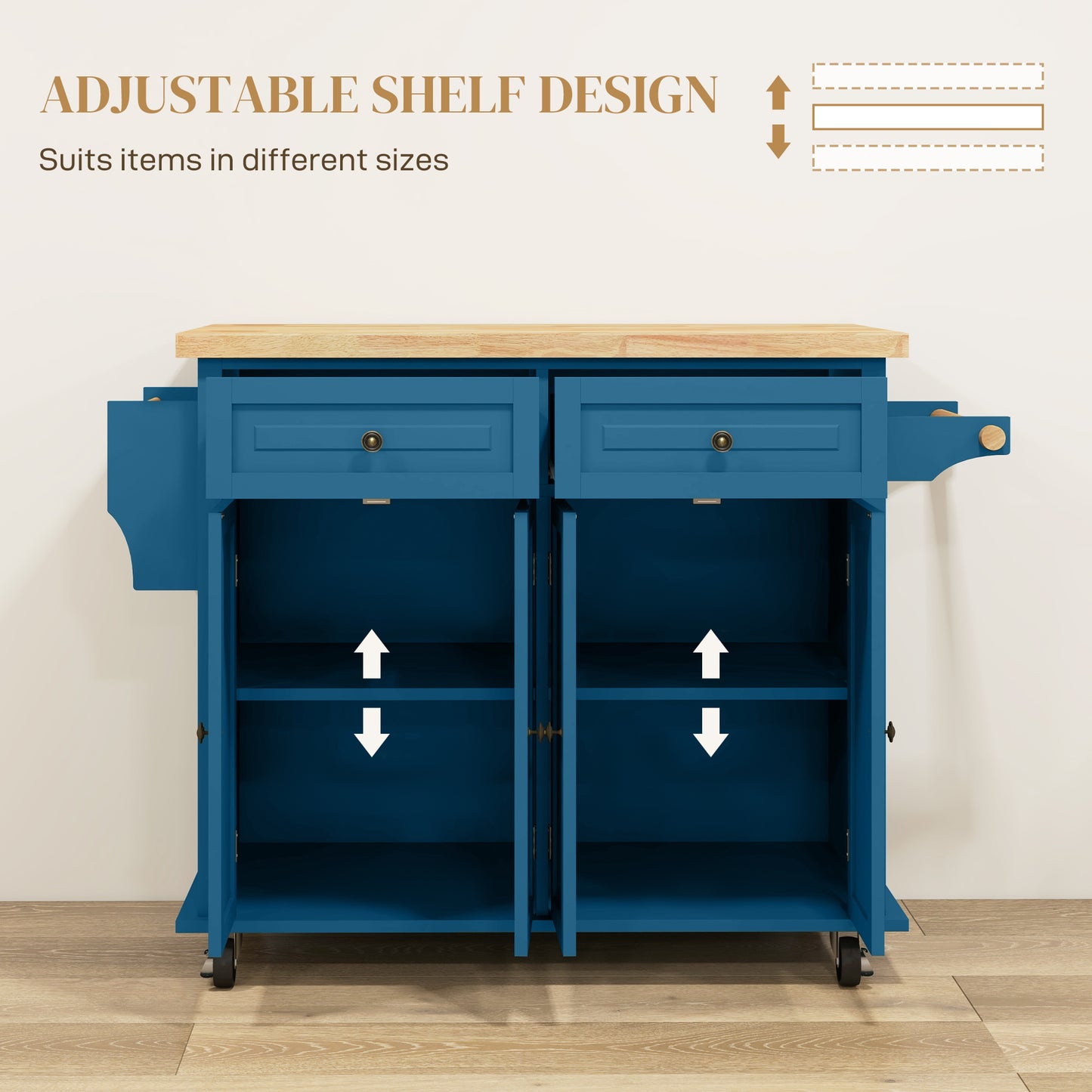 Rolling Kitchen Island Cart with Rubberwood Top & Storage - Turquoise